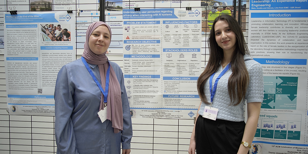 Lina Gasmi et Cylia Haddoum devant leur poster sélectionné à la conférence ACM womENcourage 2026.